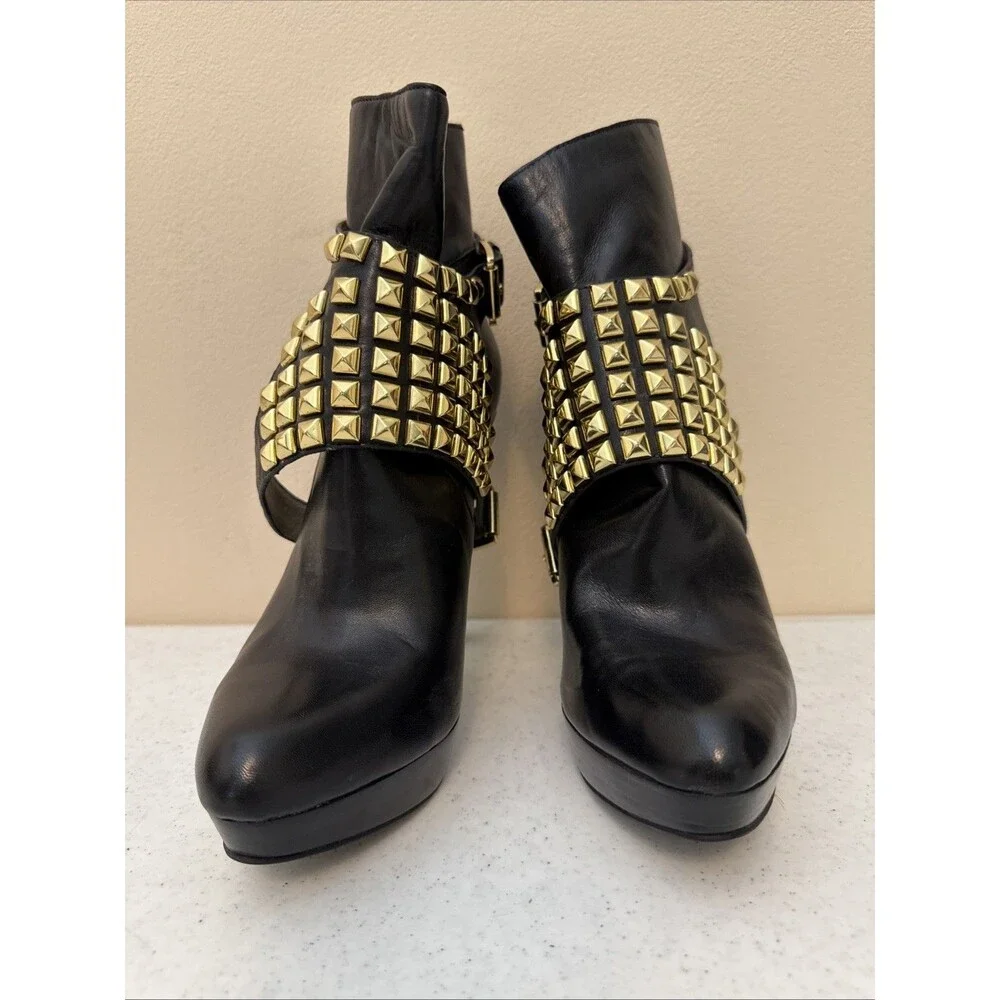 Michael By Michael Kors Rock And Roll Booties Black Leather & Gunmetal Studs 8M